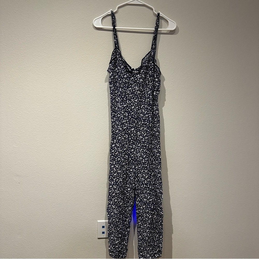 Cotton On Blue and White Floral Spaghetti Strap Ruffle Jumpsuit‎ Size Medium